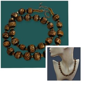 HANDMADE Vintage Metallic Foil Lampwork Amber Glass Beaded Necklace